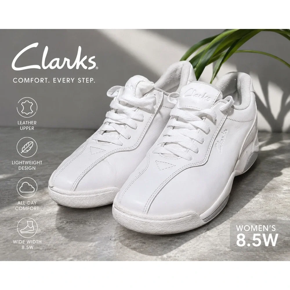 Clarks Womens White Leather Walking Sneakers Comfort Shoes Size 8.5 Wide